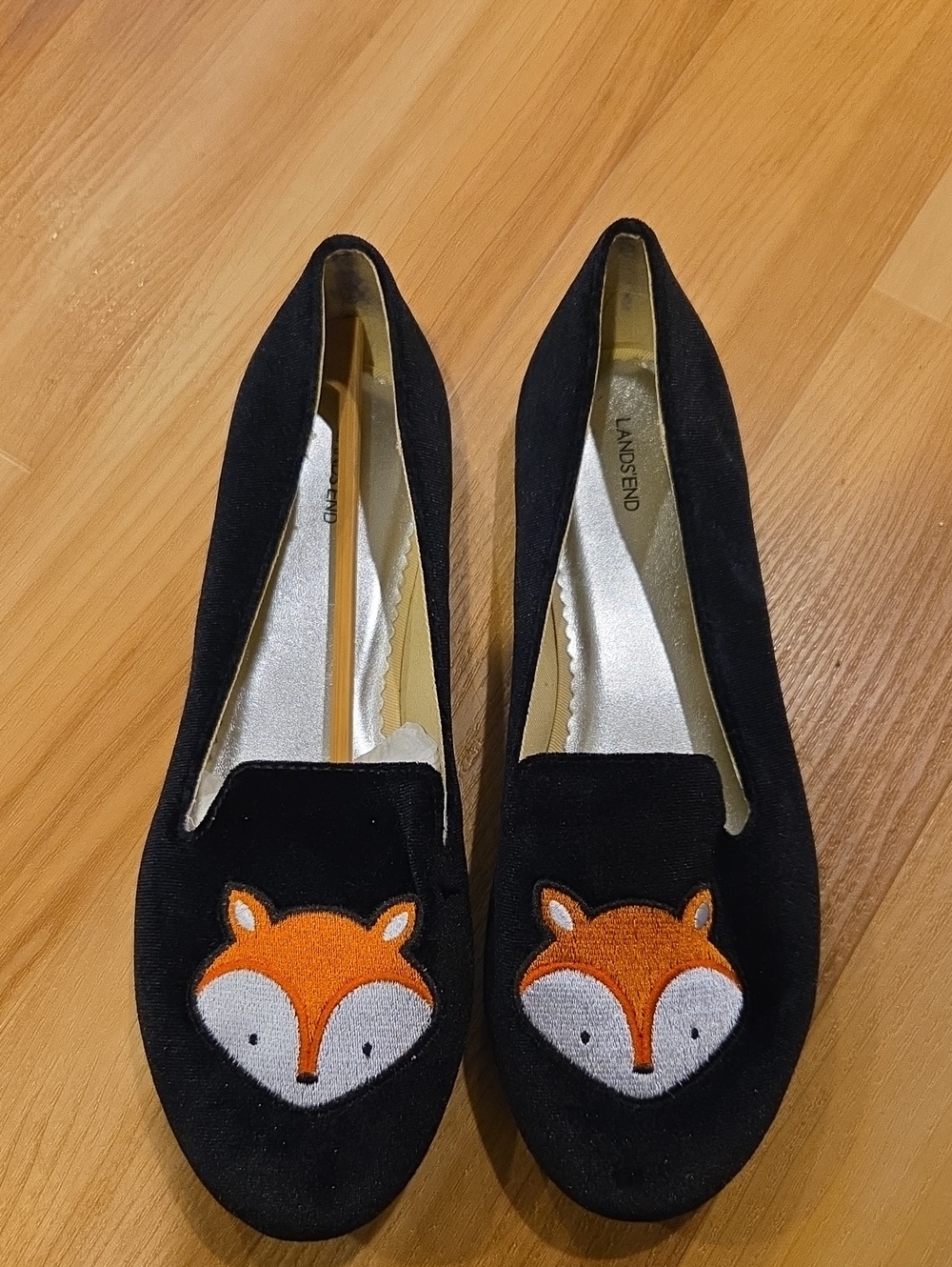 Lands' End Black Flats with Orange & White Fox Appliqué